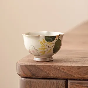 Hand Painted Moon Rabbit Ceramic Tea Cup Straw Ash Porcelain Flower Bud Shaped Gongfu Tea Cup Master Cup Home Decor