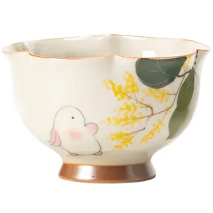 Hand-painted ceramic tea cup with cute rabbit and flower pattern, elegant master tea bowl.