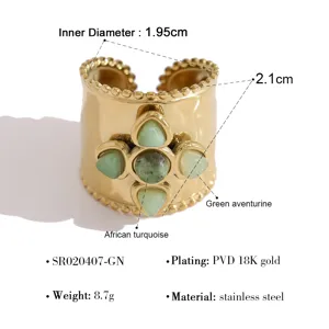French vintage wide stainless steel open ring featuring natural stones with 18k gold plating.