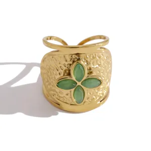 French vintage wide green stone clover ring gold plated adjustable statement jewelry for women