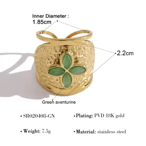 French vintage wide stainless steel ring with green clover stone 18k gold plated