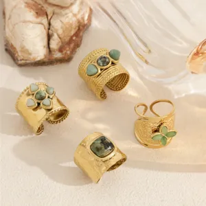 French vintage wide open rings set natural green stone inlaid metal jewelry for women new chic