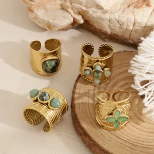 French vintage wide natural stone rings set, elegant gold open rings detail view, chic jewelry.