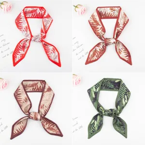 Vintage leaf print twilly silk scarf for women, elegant hair ribbon or bag accessory bow.