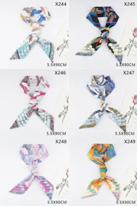 Floral printed silk twilly scarf hair ribbon for women, stylish handbag ribbon, 5.5x90cm.