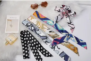 Stylish long silk scarves twilly ribbons for bag handles, hair bands, and accessories.