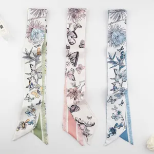 Satin Polyester Butterfly Floral Printed Long Ribbon Scarf Hairband Sweet Bow Hair Ribbon For Women Bag Accessory Wrap Tie