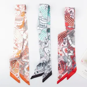 French Style Underwater World Print Narrow Silk Scarf Women Twilly Ribbon For Bag Handle Neck Scarf Polyester Hair Band Accessories