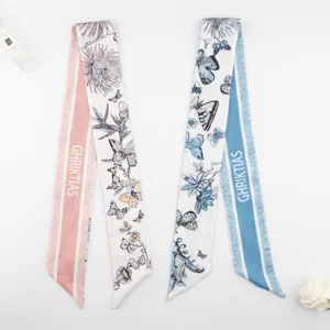 Floral butterfly twilly silk scarf for women, elegant long ribbon hair band bag ribbon accessory.