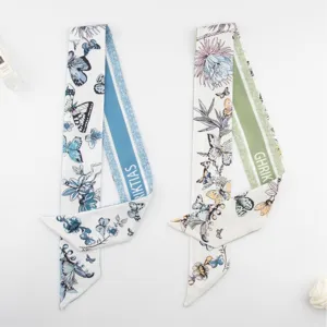 Floral butterfly print silk twilly scarf elegant long ribbon handbag accessory necktie.