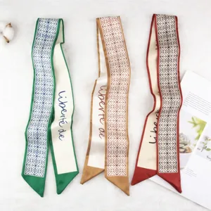 Chic geometric print narrow silk scarf for women, elegant hair ribbon and bag twilly.