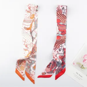 Fashion floral print twilly silk scarf for women, elegant handbag ribbon neckerchief.