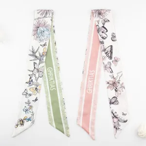 Floral butterfly print silk twilly scarf, elegant handbag ribbon and hair band accessory.