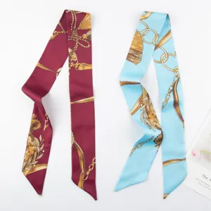 Chic French skinny scarf for women, elegant chain tassel print twilly for handbag or neck wear.