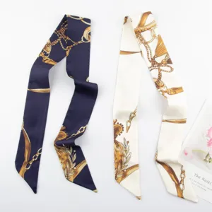 French style skinny silk scarf for women, elegant chain print bag ribbon and neckerchief.