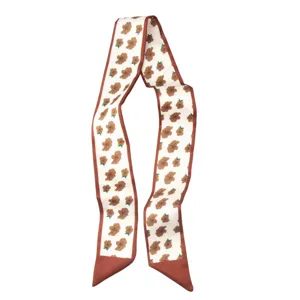 Khaki floral print twilly silk scarf for women hair band and bag ribbon accessory.