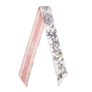 Floral butterfly print long silk scarf twilly ribbon for women handbag hair accessory