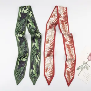 Retro botanical fern print long silk scarf twilly hair ribbon for women bag decoration