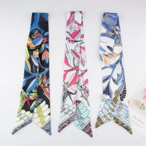 Retro floral bird print long silk scarf for handbag handle hair ribbon bow tie styling accessory