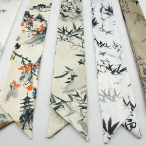 Vintage Chinese Style Ink Bamboo Pattern Polyester Scarf For Women Long Narrow Ribbon Hair Band Bag Accessories Elegant Landscape Print Headband