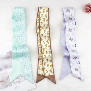 Long ribbon silk scarf for women hair accessory floral printed cute bag handle scarf