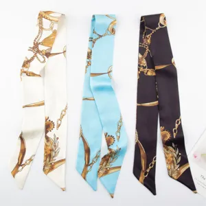 Elegant French Style Printed Polyester Twilly Scarf Women Fashion Chain Tassel Print Bag Ribbon Neck Scarf Headband