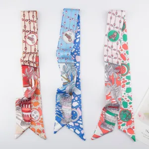 Owl Botanical Print Satin Twilly Skinny Scarf For Women Bag Handle Wrap Hair Band Elegant Neck Tie Ribbon Headband Fashion Scarf Gift