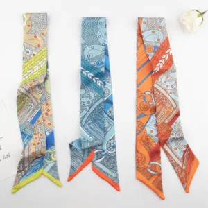 Chic silk scarf ribbon for women, versatile long twilly hair band and bag accessory with elegant chain print.