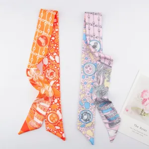 Elegant owl and plant printed silk twilly scarf for handbag handle or hair band styling.