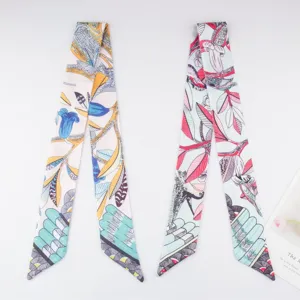 Floral bird print twilly silk scarf ribbon for bag handle, headband, and hair accessories.