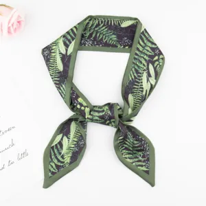 Elegant green fern print silk twilly scarf for hair bag ribbon retro style women fashion