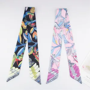 Retro flower bird print silk scarf twilly ribbon for women bag handle headband hair accessory.
