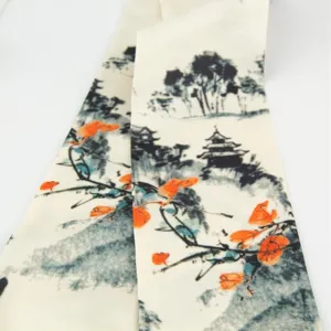 Vintage Chinese ink painting silk ribbon scarf, elegant floral long hair band for women bags.