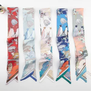 Elegant Animal Tropical Plant Print Long Scarf For Women Satin Polyester Hairband Bag Ribbon Headband Diagonal Scarf