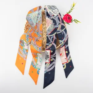Silk twilly scarf with poker card print, long narrow satin ribbon for women neck hair bag