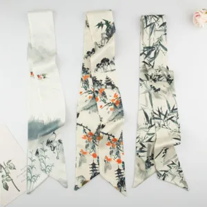 Traditional Chinese style ink painting silk ribbon scarf, elegant long twilly for bag or hair.
