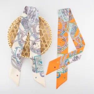 Luxury satin twilly scarf set with poker card pattern, elegant long ribbon for women styling.