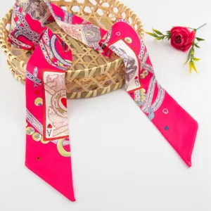 Pink satin twilly silk scarf with poker card pattern, versatile long neck scarf for women.