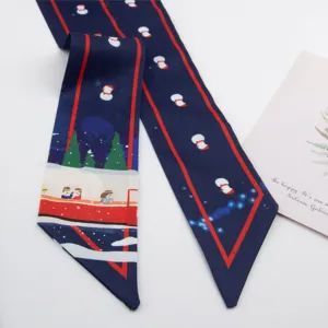 Christmas snowman print twilly scarf, dark blue long ribbon hair band for women daily use.