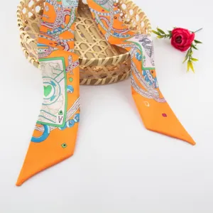 Orange silk twilly scarf with poker card pattern, chic long ribbon scarf for women fashion.