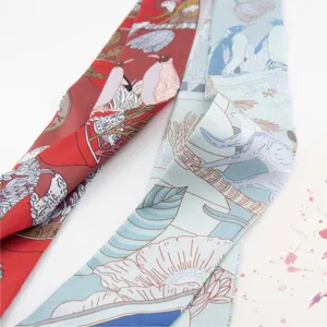 Chic printed silk twilly scarf for women, versatile hair ribbon and bag accessory.
