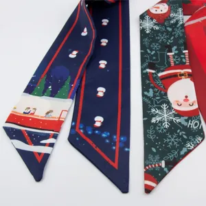 Christmas twilly scarf for women, festive snowman Santa hair ribbon and neck scarf accessory.