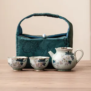 Juego de Té Kung Fu de Cerámica de Magnolia Pintado a Mano Con Bolsa Portátil Tetera Taza de Viaje al Aire Libre Juegos de Té