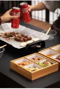 Bamboo 9-grid serving tray for hot pot barbecue snacks and fruit, creative home tableware.
