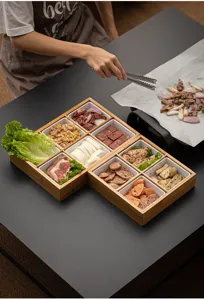 Bamboo wood multi-grid serving tray with ceramic bowls, perfect for hot pot and BBQ side dishes.