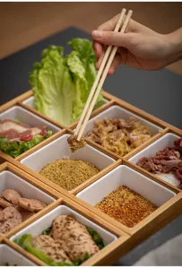 Bamboo 9-grid serving tray with ceramic bowls for hotpot BBQ side dishes and snacks food display