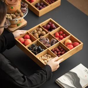 Bamboo Wooden Grid Serving Tray For Hot Pot BBQ Side Dish Dessert Snack Fruit Plate Home Compartmentalized Platter With Ceramic Bowls
