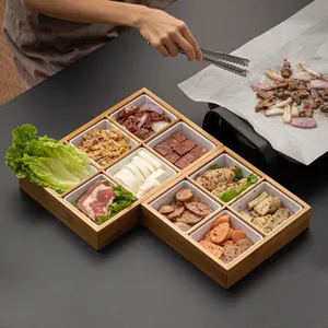 Bamboo 9-grid serving tray with ceramic bowls for BBQ hot pot side dishes and snacks home