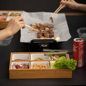 Wooden divided serving tray for hot pot side dishes, snacks, and fruits, home kitchen organizer.