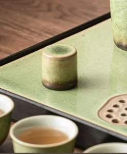Support de couvercle en céramique détail, glaçure verte rétro kung-fu table à thé déco zen.